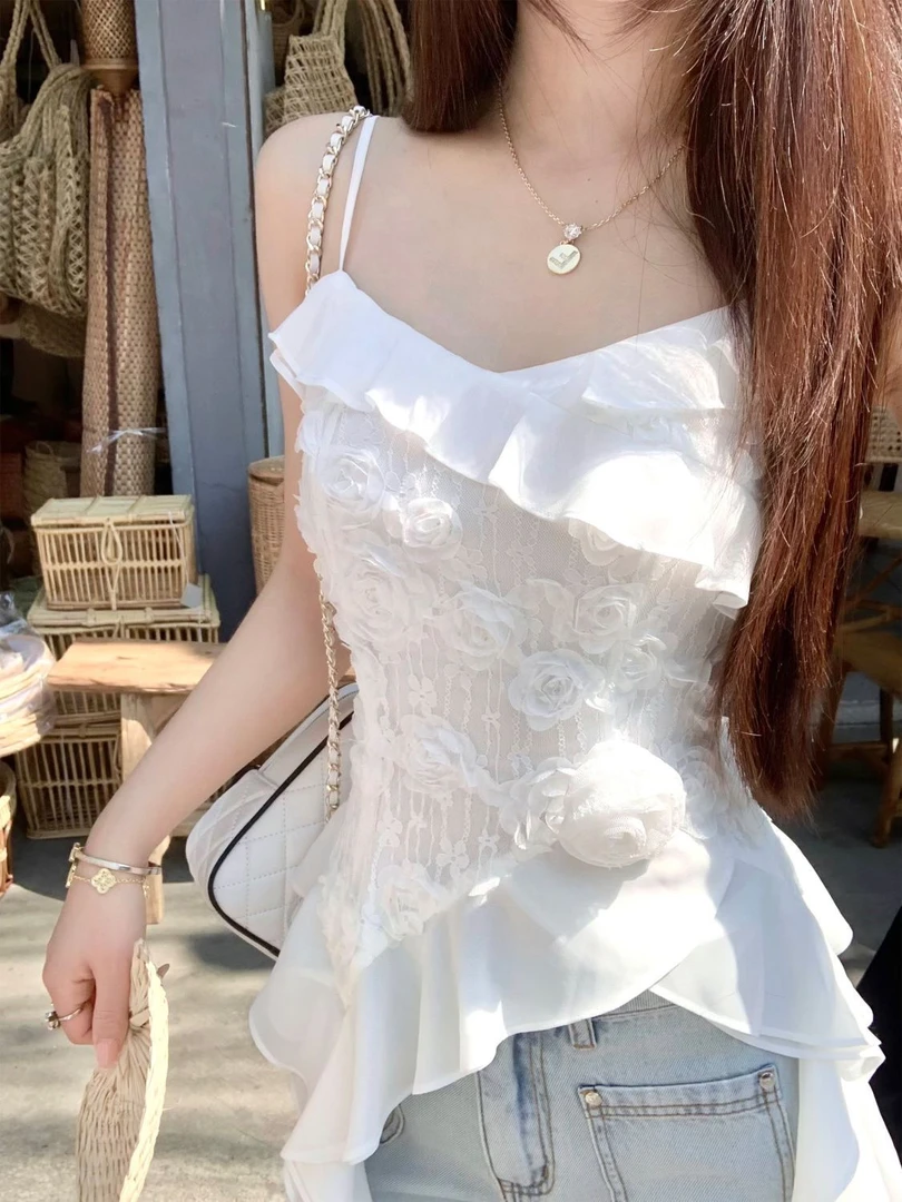 2025夏季新款白色吊带背心女超仙度假风韩系百搭不规则荷叶边上衣