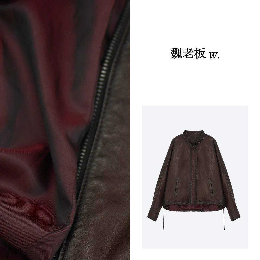 W.Diva【瑰语】酒红色山羊皮真皮品质赫本油蜡工艺皮衣1CDM37070