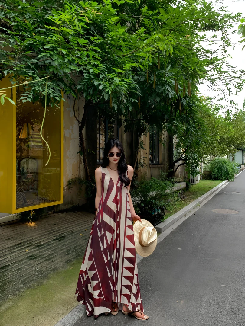 Ah·Jing 梓静【罗娜假日】时尚简约印花吊带V领度假风连衣裙0781