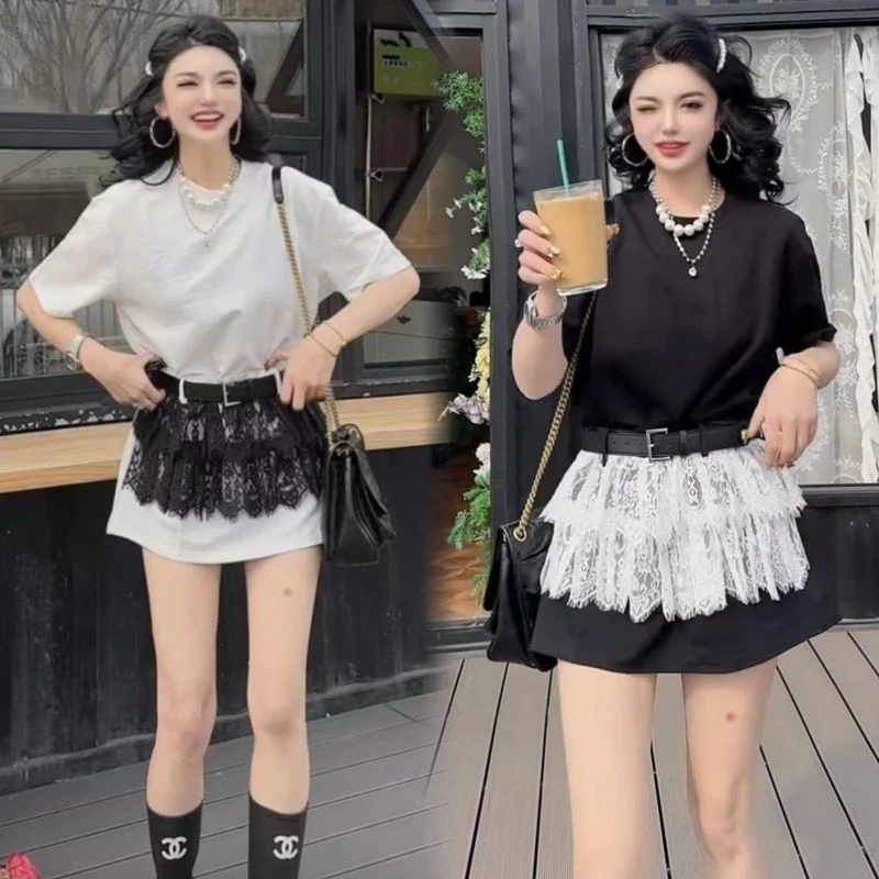 670蕾丝腰封短袖连衣裙2025夏新夏圆领套头宽松收腰显瘦裙子欧货