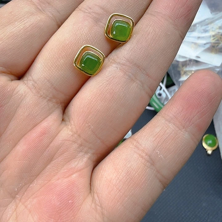 和田玉（碧玉）耳饰银S925镀金镶嵌