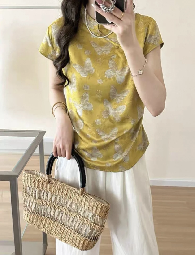 嘉嘉推荐#25208【国风盘扣上衣】新中式复古印花短袖