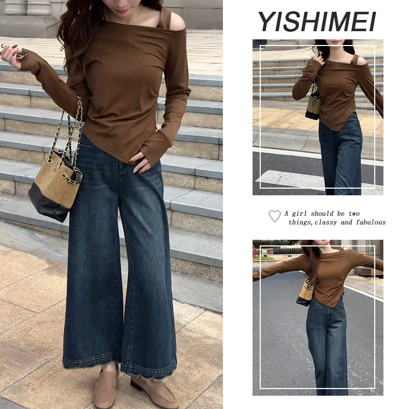 早秋时尚穿搭2025年新款韩系百搭假两件长袖上衣高腰牛仔裤两件套