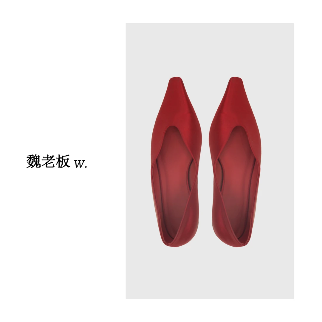 W.Diva【显高单鞋】进口真丝布+羊皮尖头复古平底低跟鞋50X101424