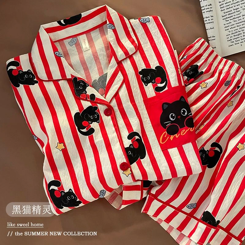 夏季新款睡衣女云朵棉翻领开衫套装韩版卡通短袖家居服套装