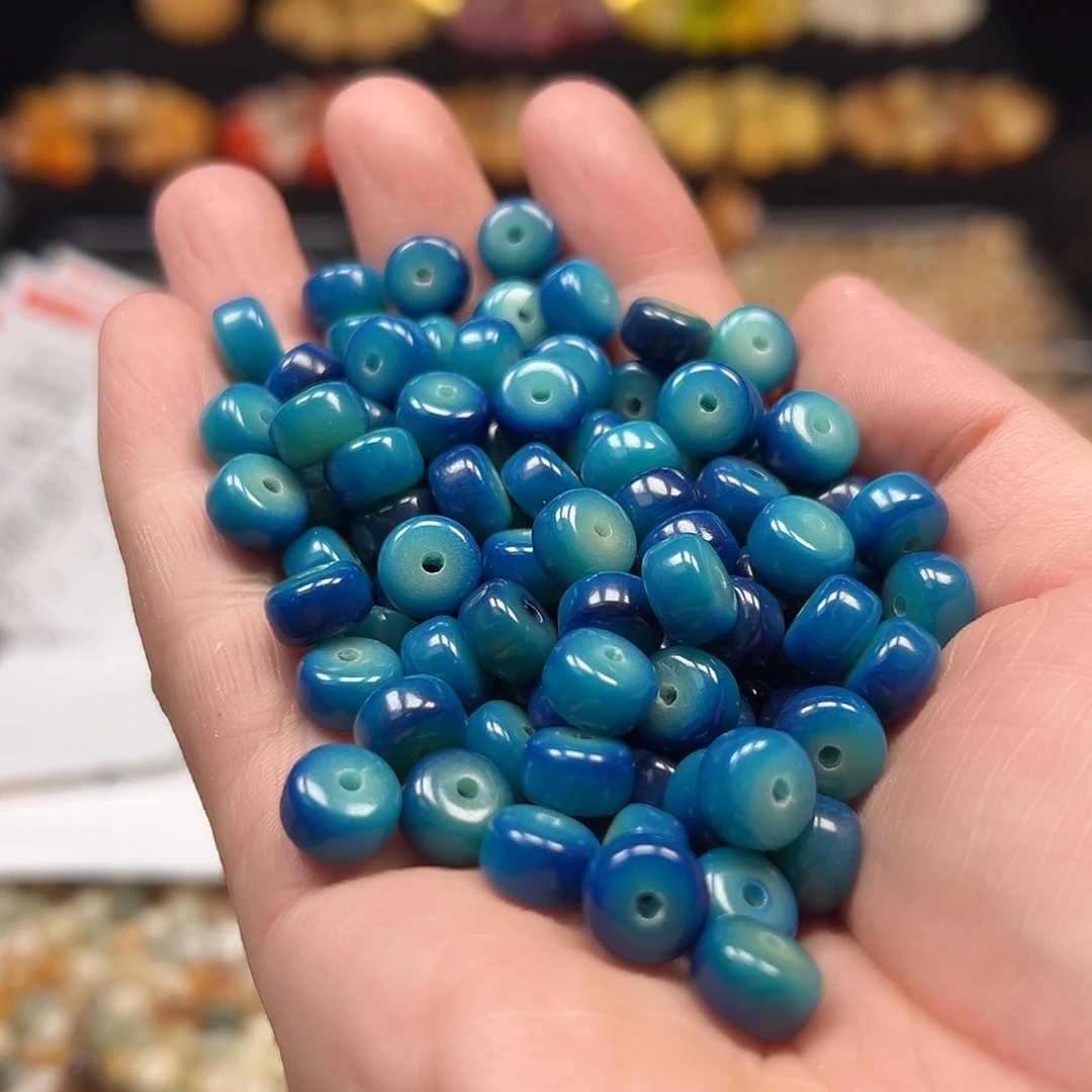 菩提根/象牙果手串110颗孔雀蓝药片卡9尺寸