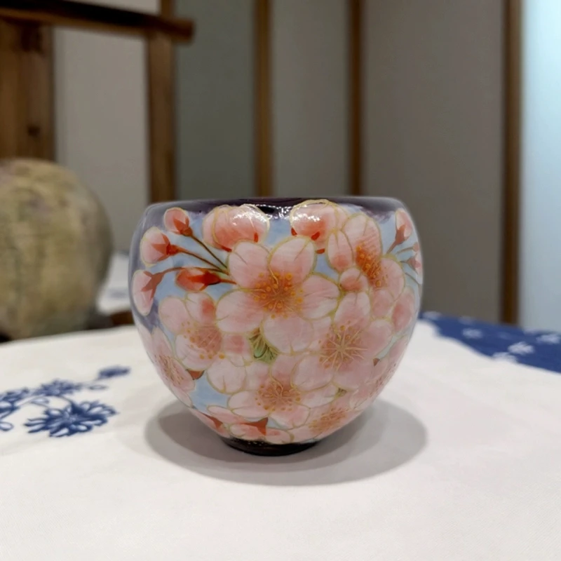 日本陶葊窑手作手绘浓紫地幽玄樱汤吞杯茶杯主人杯高级纯手工
