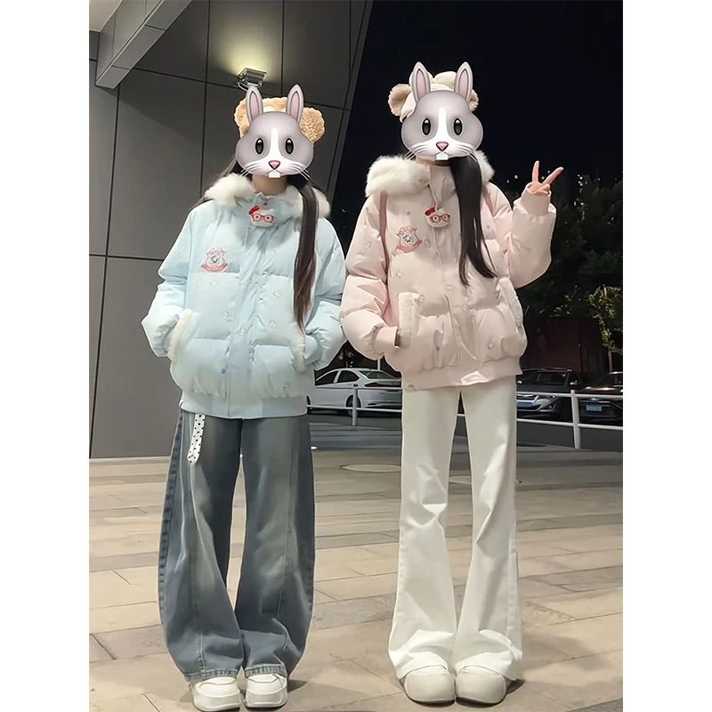 【带挂件】满印可爱小雪人毛领连帽棉服女冬季宽松百搭保暖棉衣外套