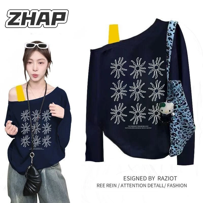 【ZHAP】斜领肩带长袖T恤女爆款穿搭秋冬款洋气太阳花百搭高级显瘦