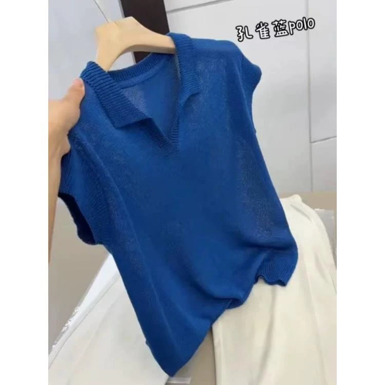 141【孔雀蓝翻领】高级气质针织女衫夏季上衣