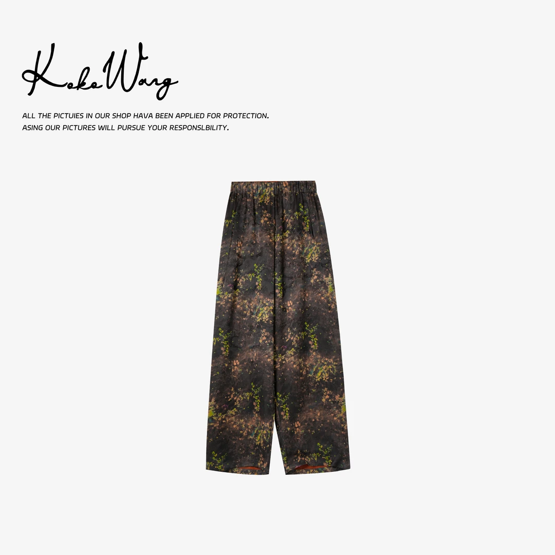 KOKO WANG夏季时尚复古碎花100香云纱显瘦百搭休闲裤502445E19K41