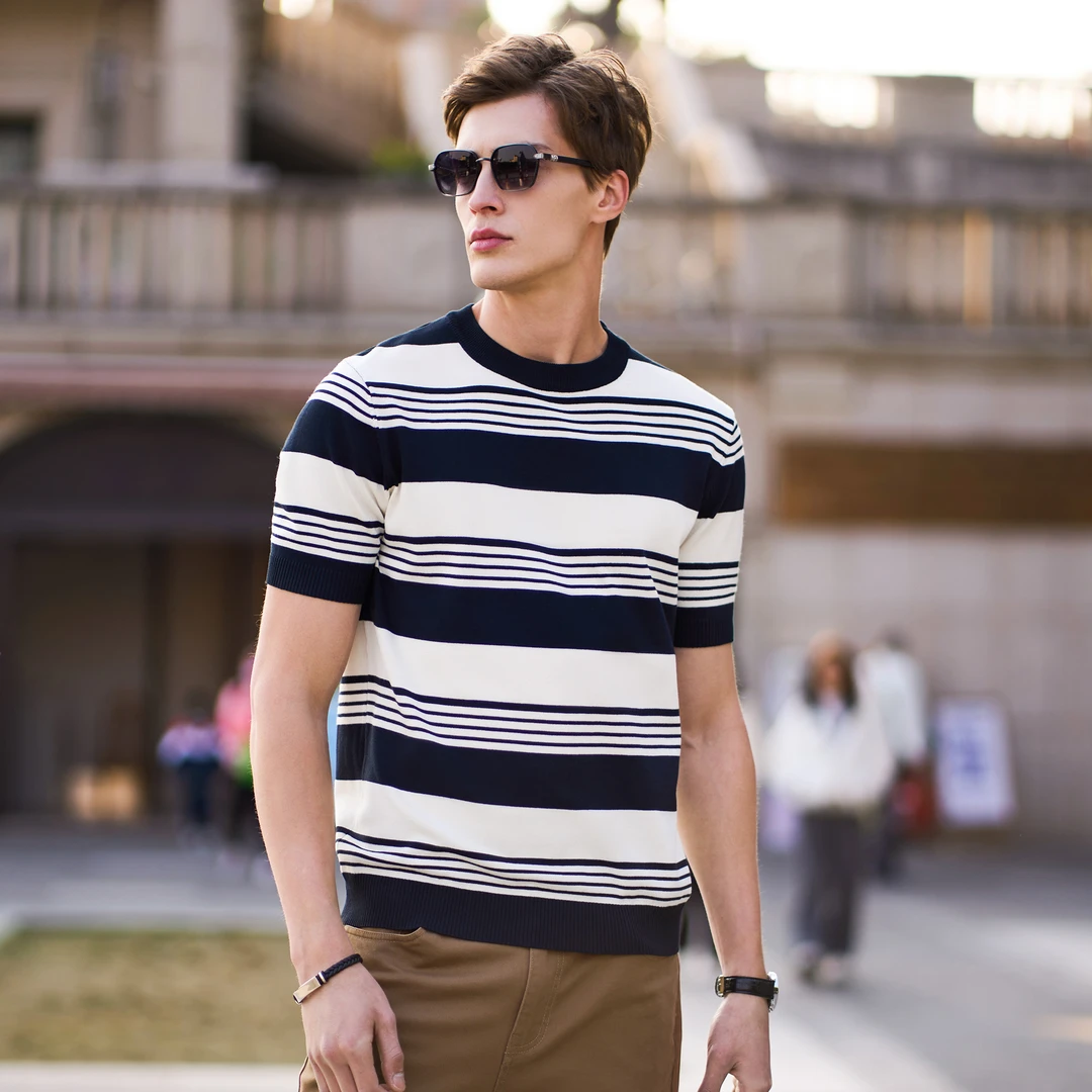 春夏季高档丝光针织T恤短袖打底衫男2025新款男士内搭爆款条纹衫