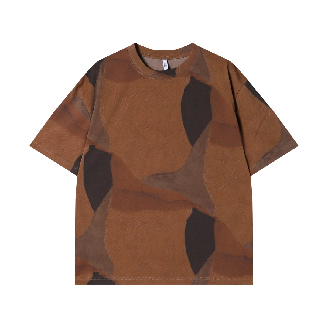 夏季新款时尚个性美式扎染撞色圆领半袖T恤小众设计抽象复古上衣