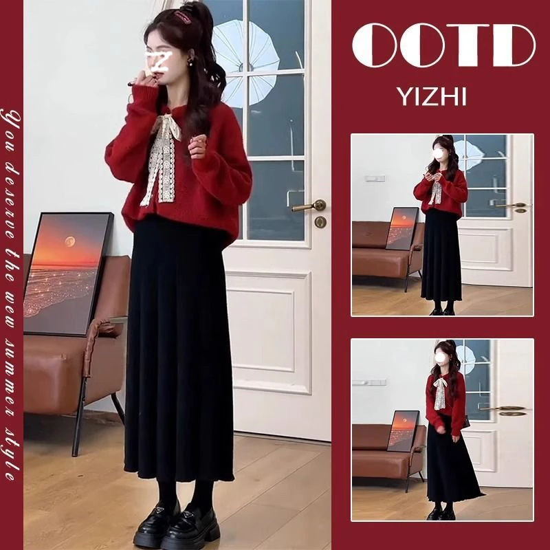 今年流行一整套女2025秋冬新款甜美气质系带毛衣百搭半身裙两件套