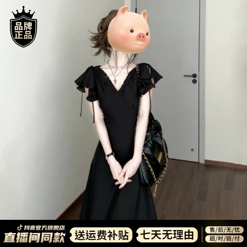 2025新款赫本风黑色v领连衣裙子女夏季流行爆款法式气质收腰长裙