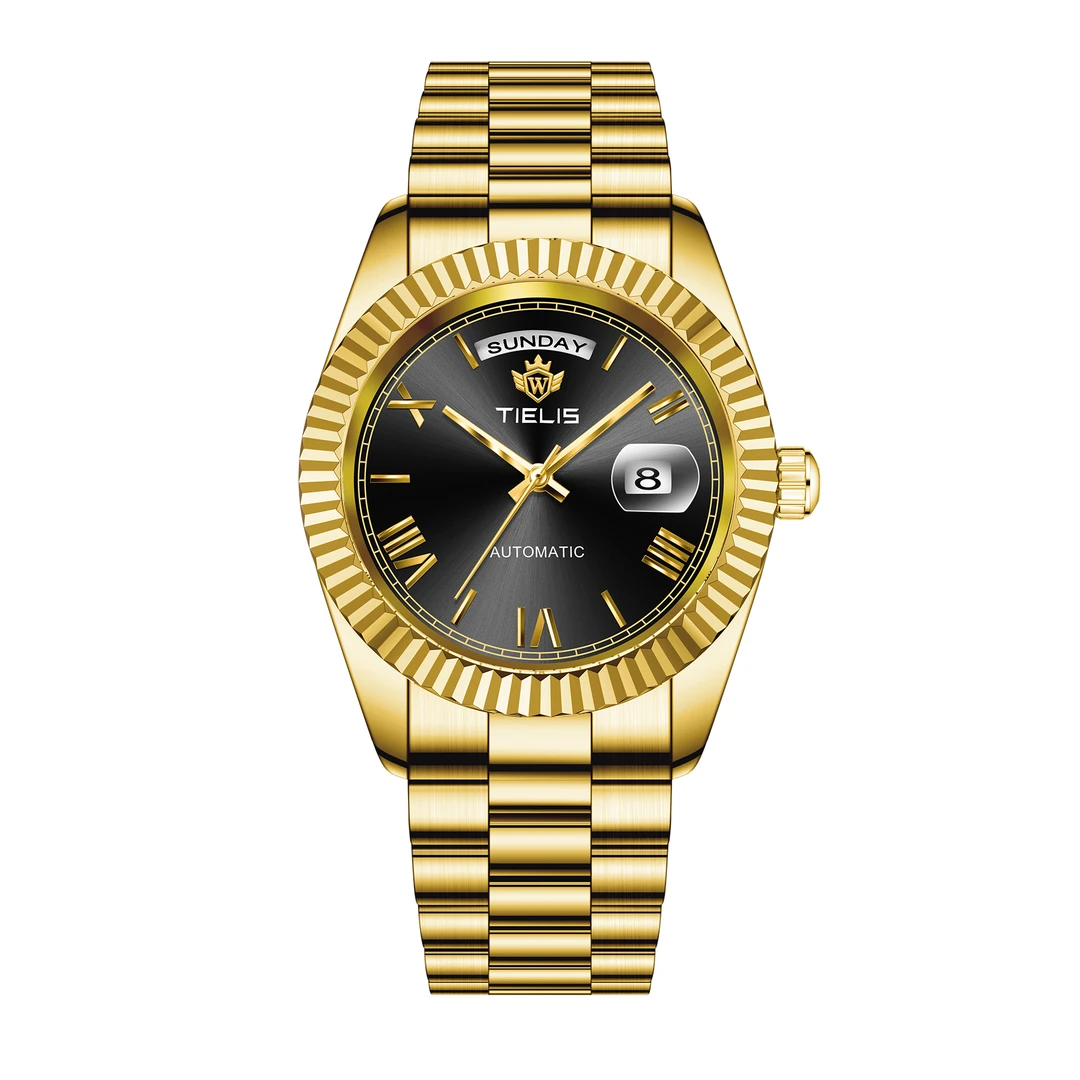 轻奢自动机械表 金色钢带日历星期男士手表 黑面