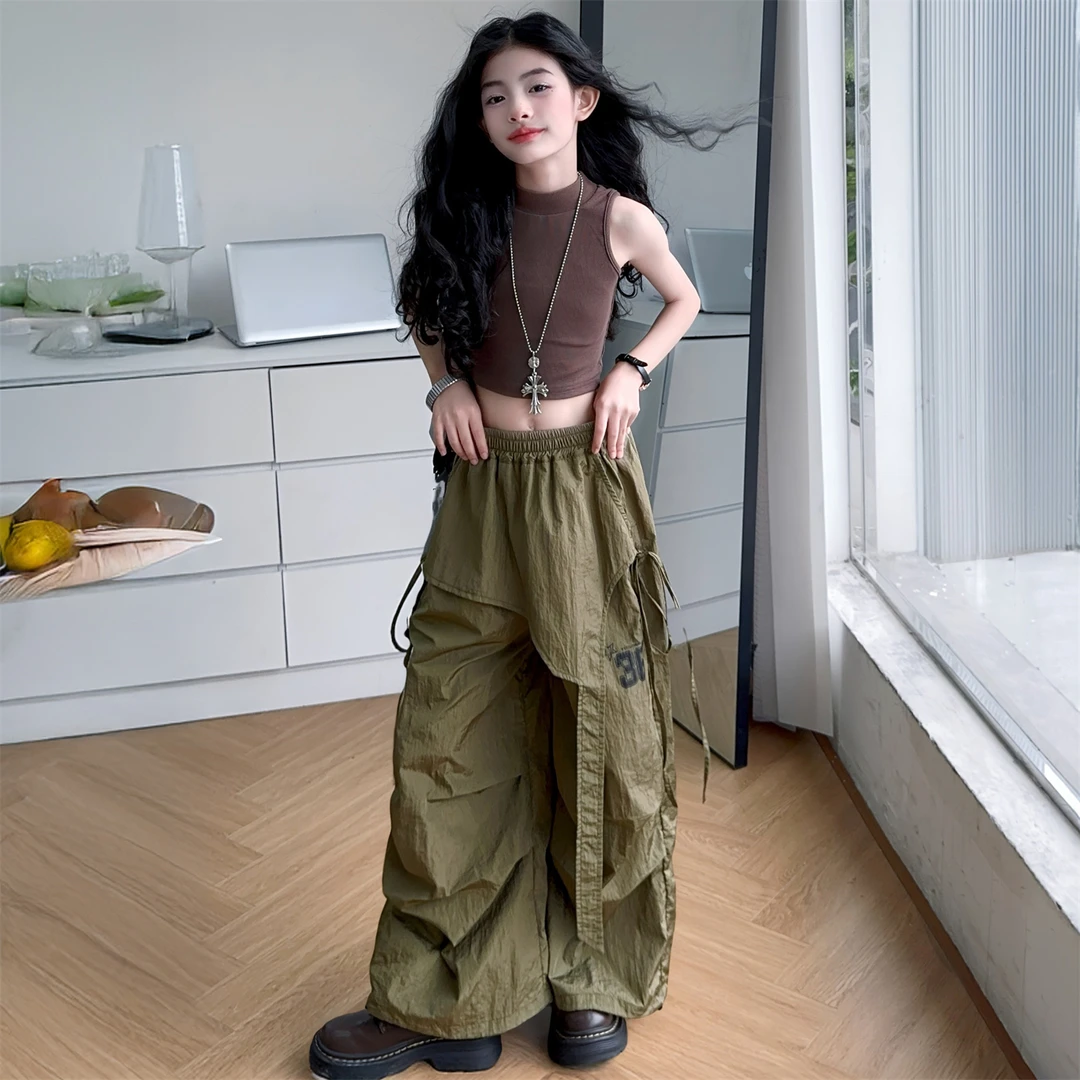 女童套装时尚显瘦无袖背心美式速干不规则屁帘工装裤两件套2025夏