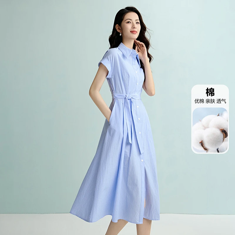 【新品】2025夏裙子条纹收腰短袖知识分子文艺风连衣裙25050913