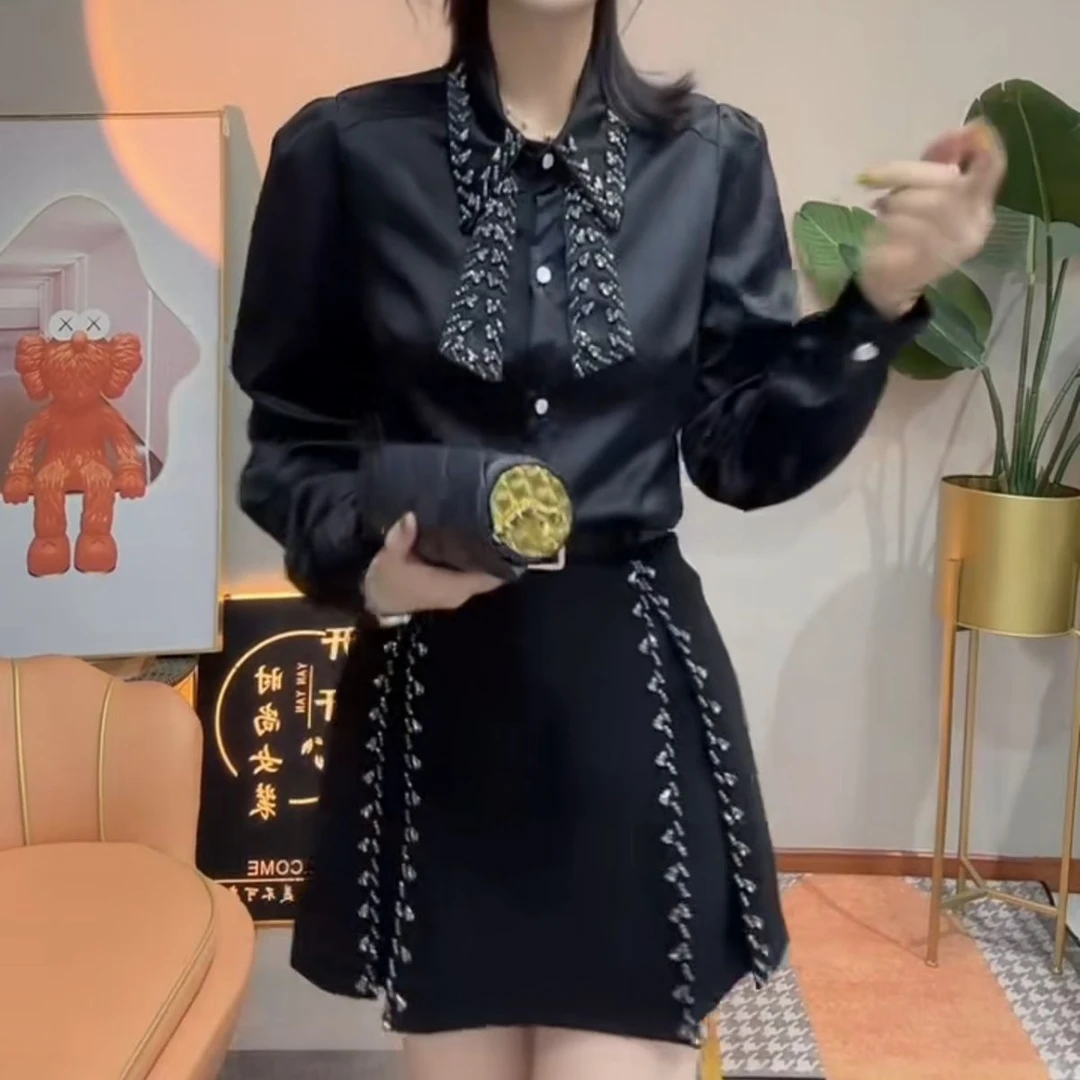 1076冬新款小香风a字短裙重工镶钻半身裙短裙百搭小个子高腰显瘦