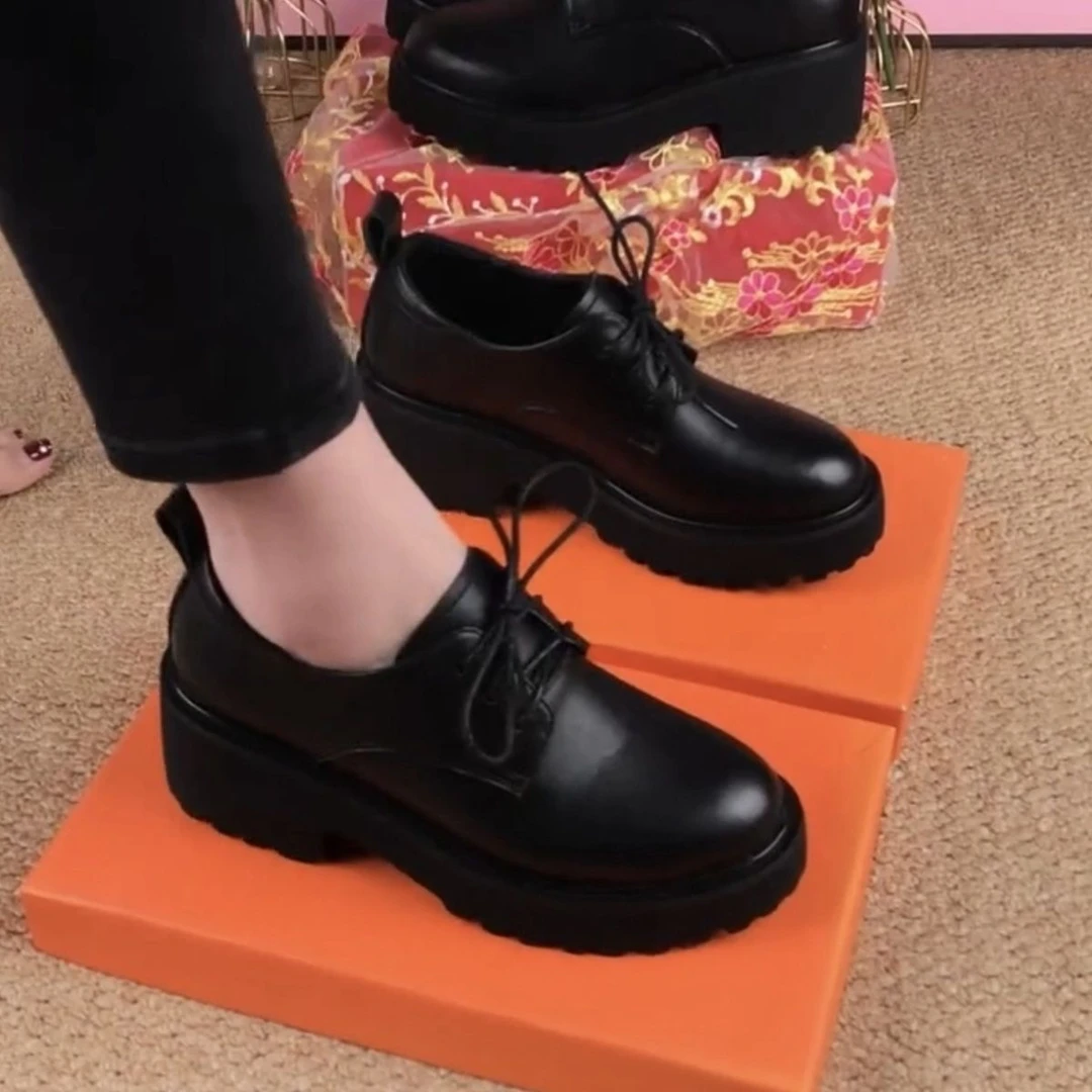 系带深口粗跟英伦风中跟单鞋休闲时尚皮鞋女士厚底百搭通勤妈妈鞋