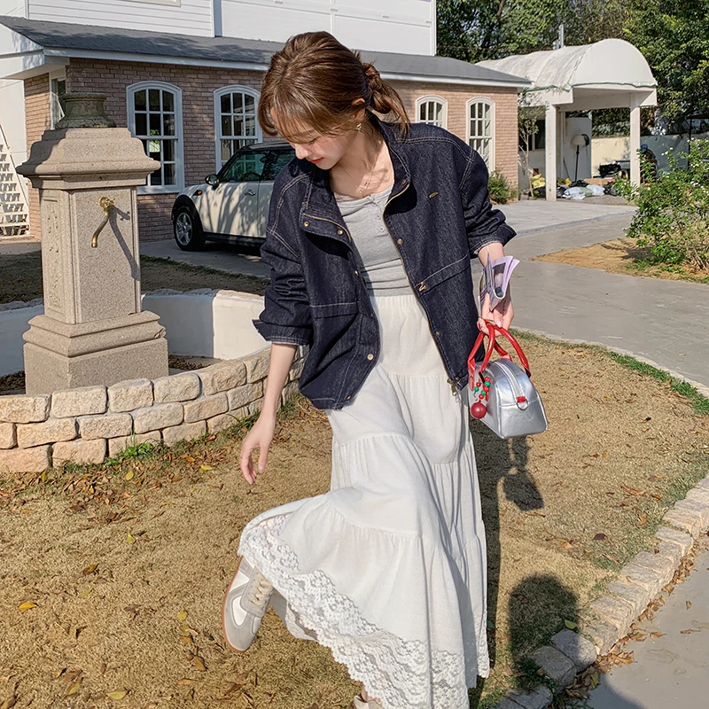 深蓝色立领短款牛仔外套女春秋季2025新款设计感复古宽松夹克上衣