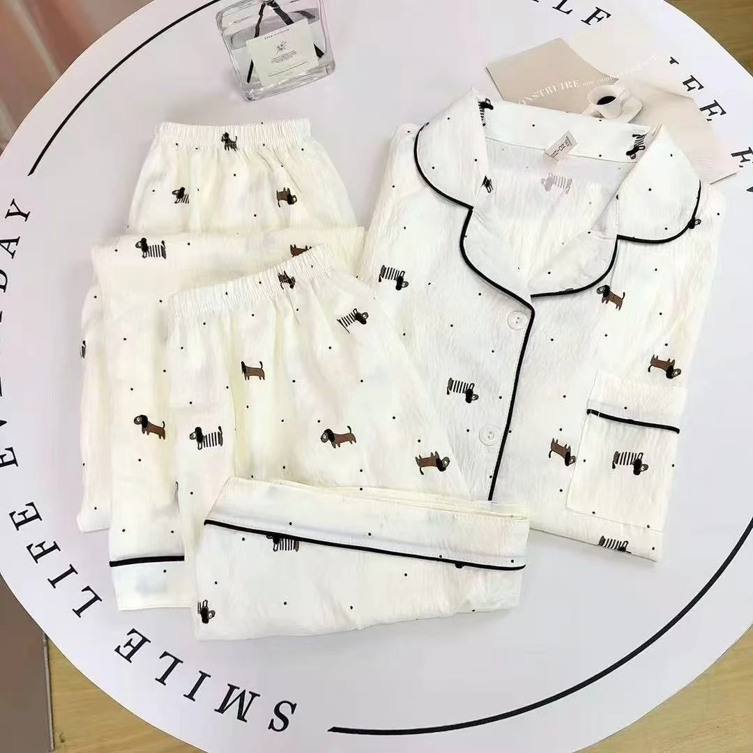 女士夏季短袖长裤薄款睡衣三件套棉质亲肤透气简约时尚