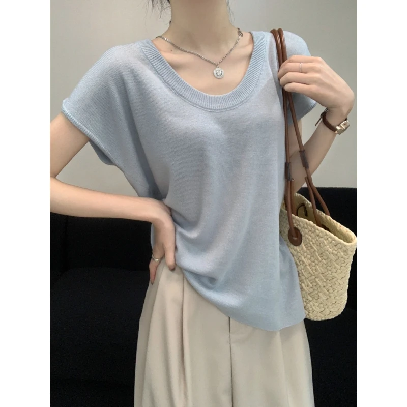 微胖显瘦宽松薄款U领针织短袖T恤女夏季纯色内搭高级感打底衫上衣