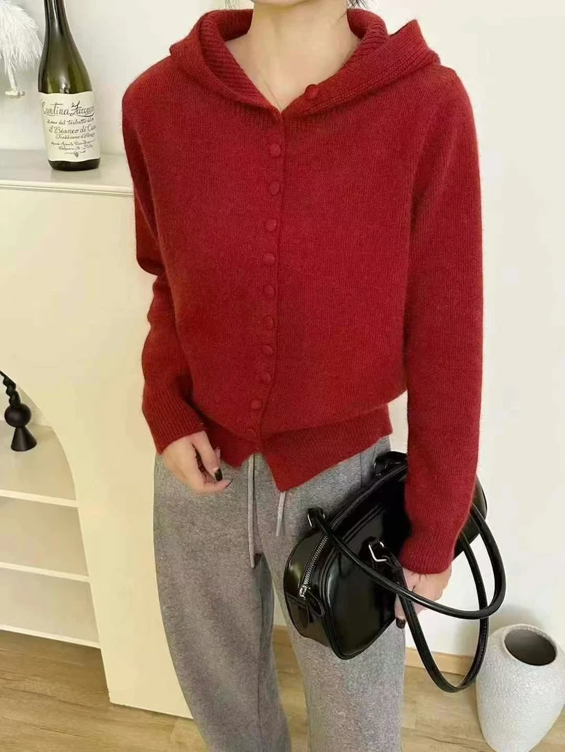 【单排包扣连帽】洋气显背薄单排扣连帽上衣红色
