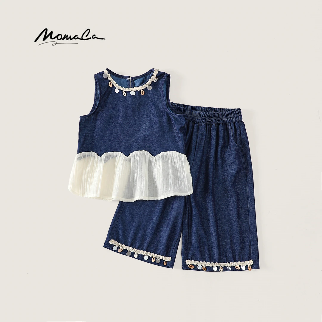 MOMOCO夏季新款波西米亚风复古牛仔女童七分裤套装77620580062