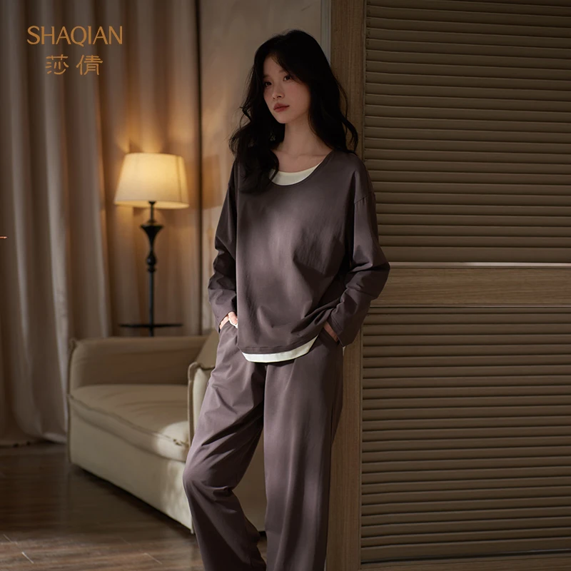 莎倩春秋柔软棉睡衣女2025年新款带胸垫长袖长裤家居服可外穿套装