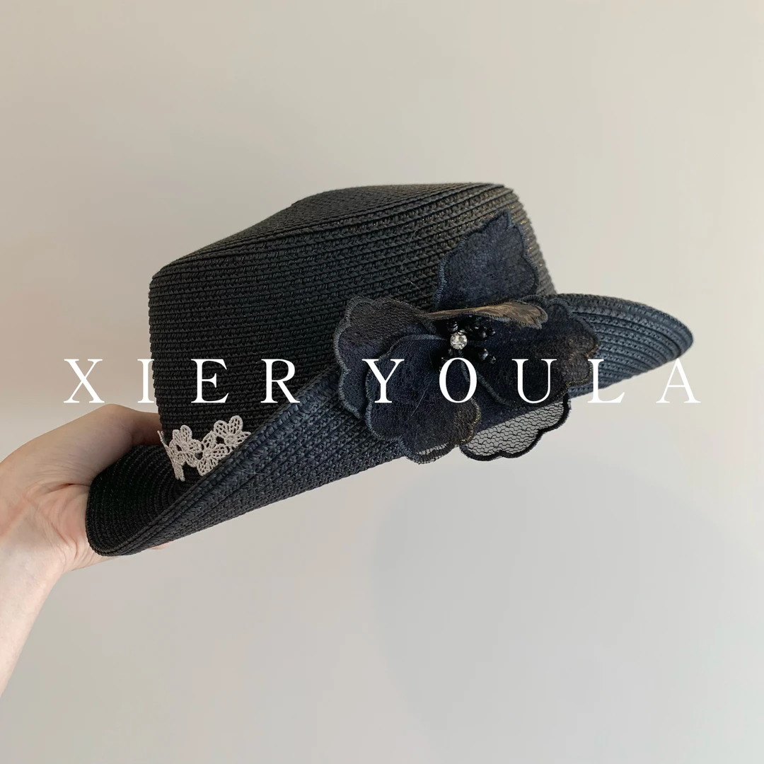 【喜儿ula】4-5-15法式草编平顶花朵显脸小遮阳帽