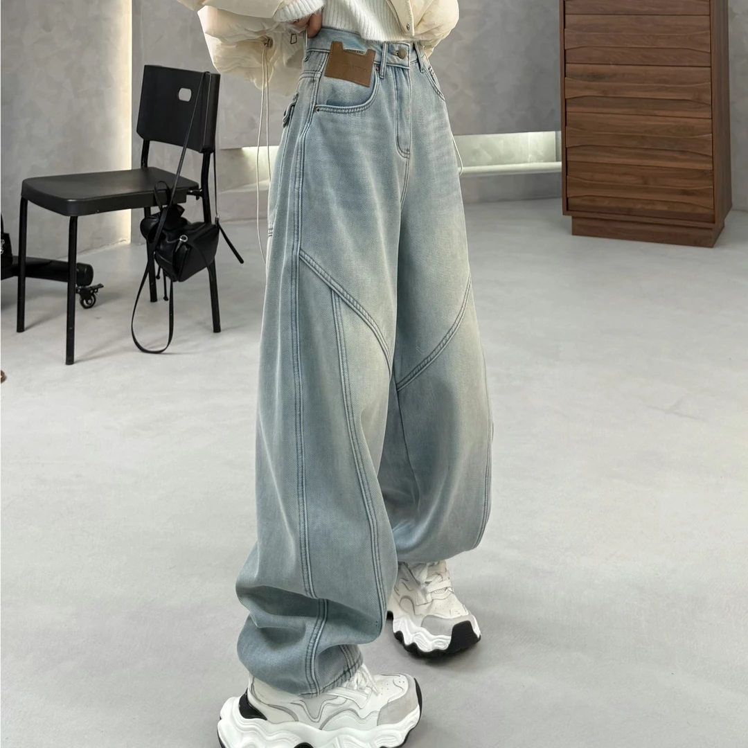 【大度原创】77227#冬季加绒加厚款浅蓝色口袋设计弯刀牛仔裤