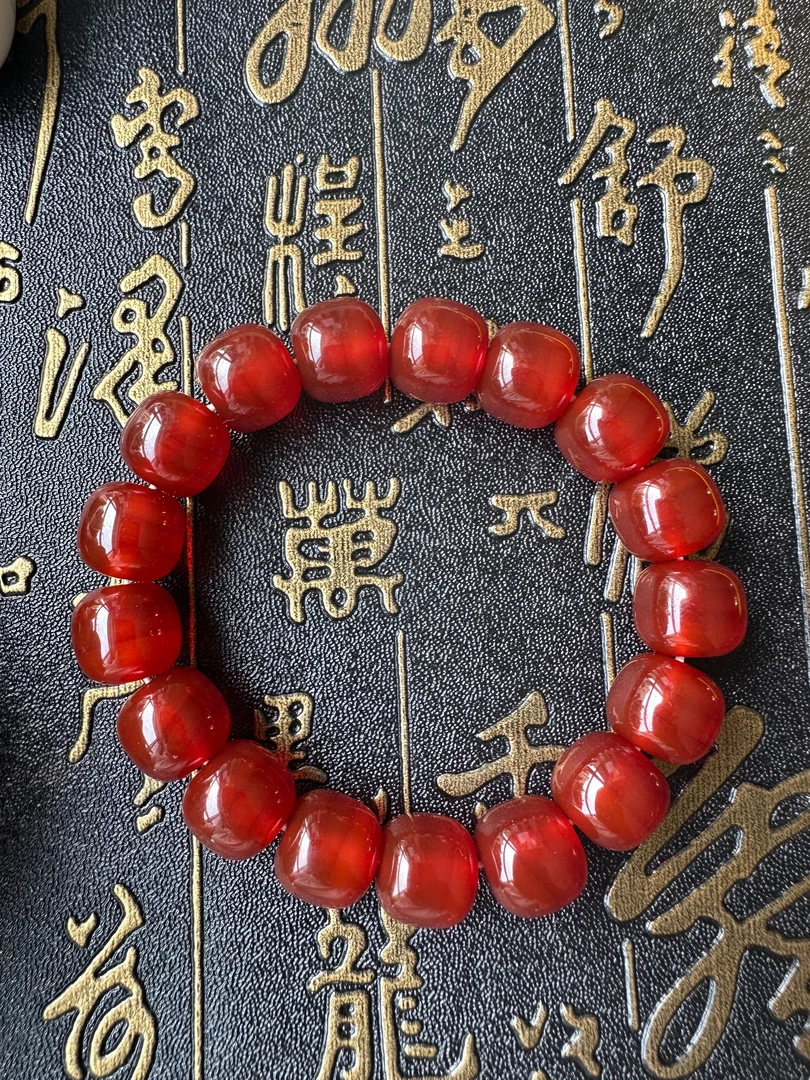 天然北红玛瑙老型珠红色手串