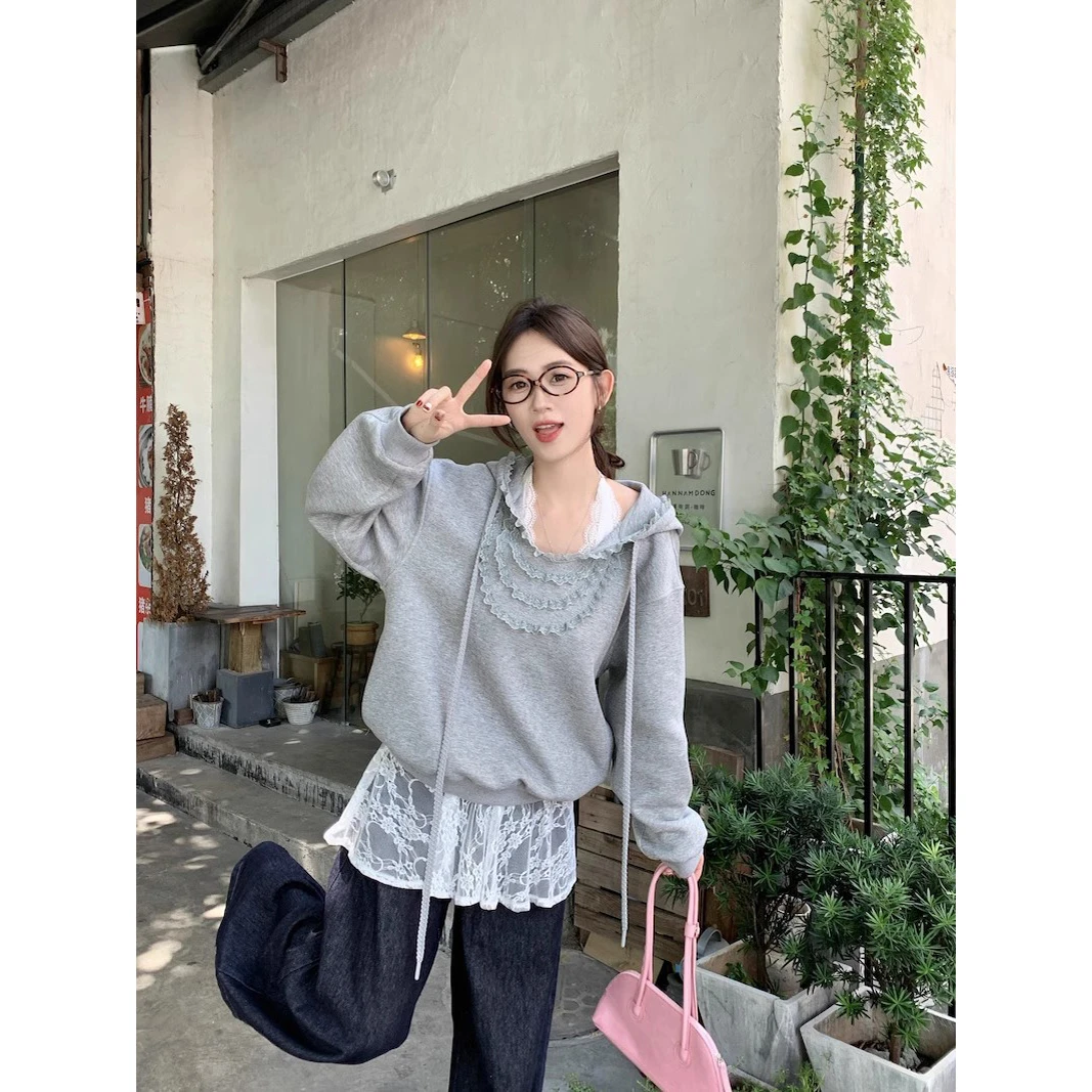 2025年春季女小个子韩系减龄甜美灰色木耳领连帽卫衣百搭爆款上衣