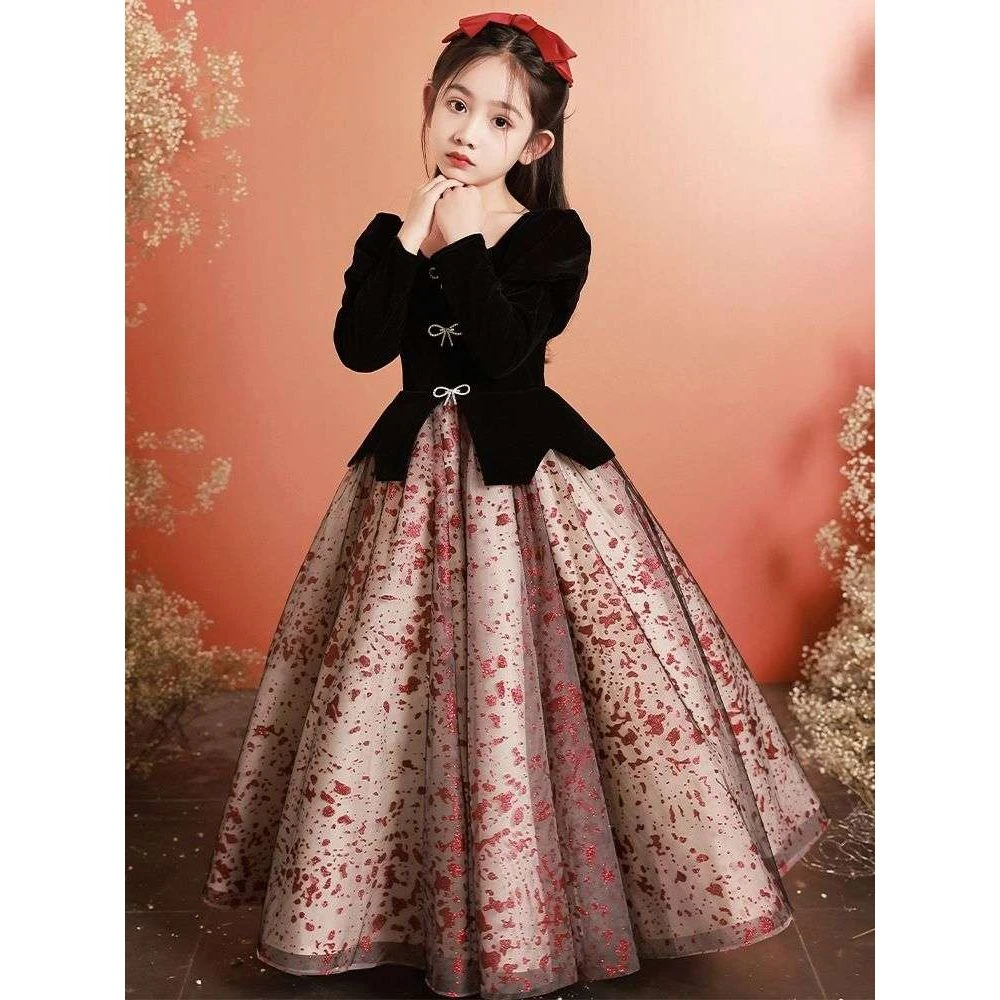 黑色晚礼服女童轻奢小众高端公主裙春季儿童主持人钢琴演奏演出服