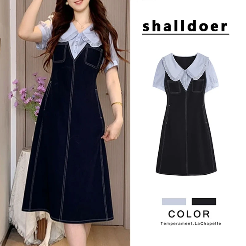 2025年夏季新款复古娃娃领拼色短袖连衣裙女时尚百搭减龄显瘦裙子