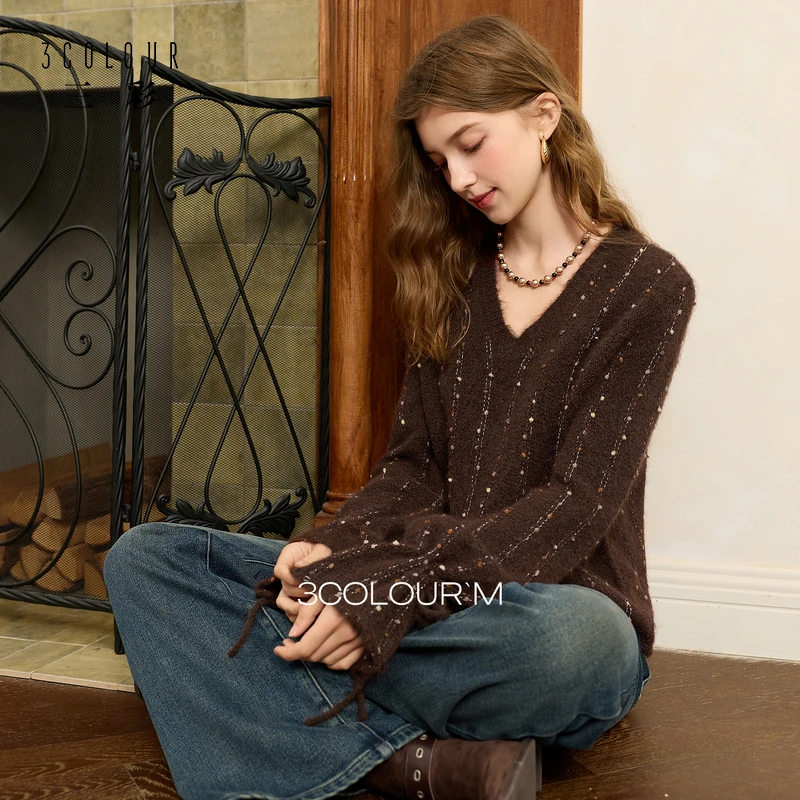 三彩2025冬季新款彩色条纹针织衫V领毛衫套头衫喇叭袖复古M