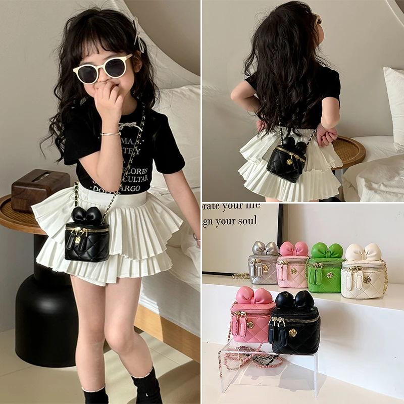 女童蝴蝶结斜挎包洋气小女孩菱格小方包宝宝公主配饰链条零钱包包