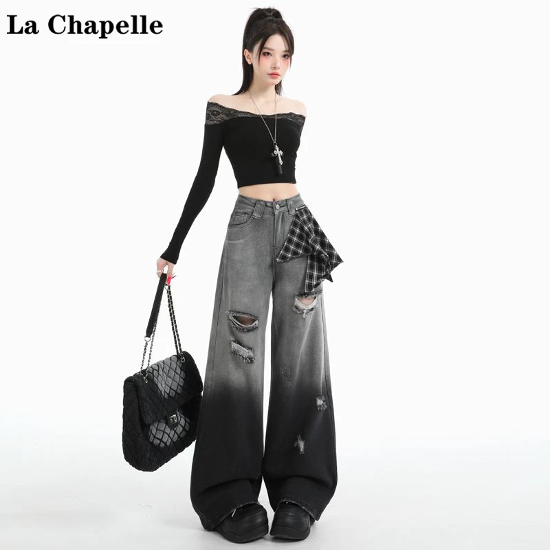La Chapelle/拉夏贝尔直筒破洞牛仔裤女2025夏季高腰显瘦阔腿裤子