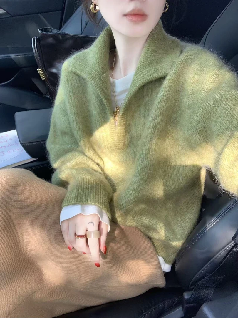 2025秋冬新款韩系牛油果绿慵懒风翻领宽松软糯毛衣百搭半身裙套装
