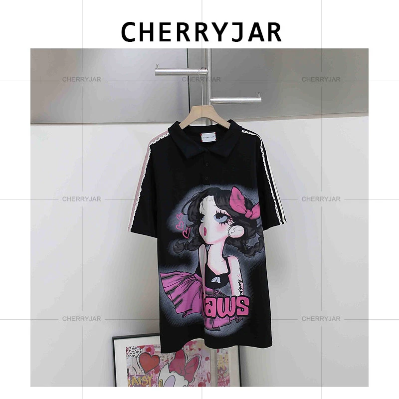 Cherryjar【25389】时尚休闲POLO领黑色芭蕾舞女孩宽松印花短袖夏季