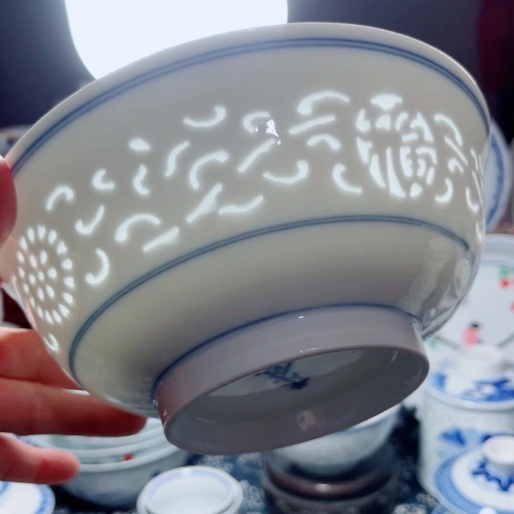青花玲珑7寸面碗满雕双福双线