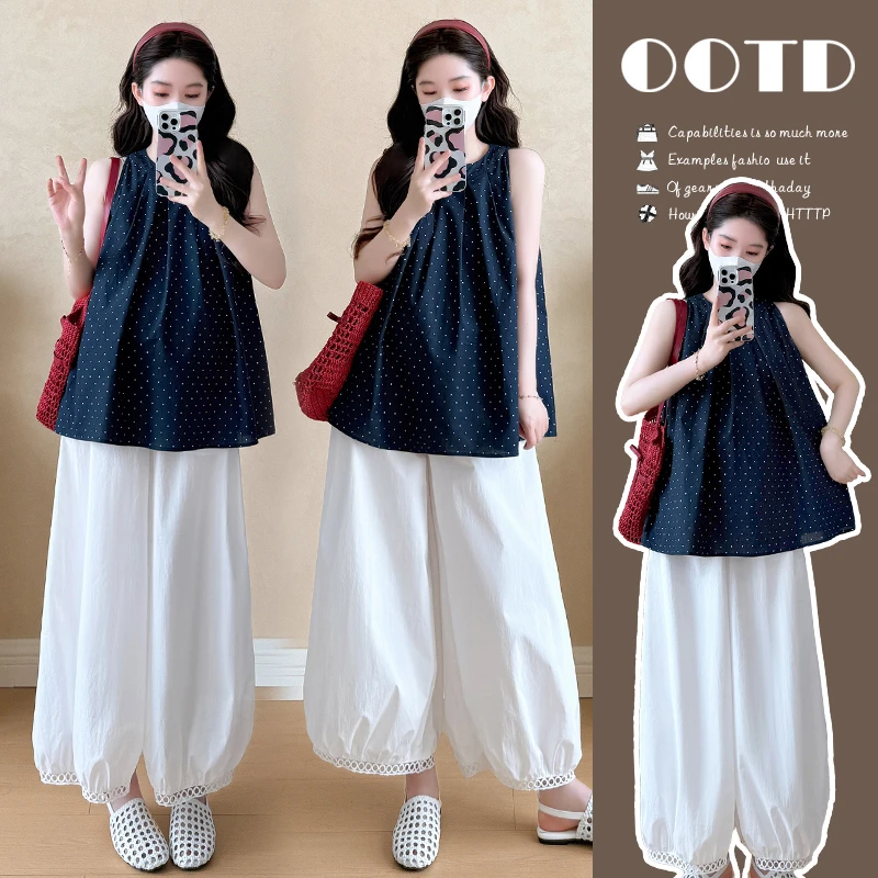 【晴晴】孕妇装夏装套装2025新款时尚洋气波点无袖背心上衣+灯笼裤