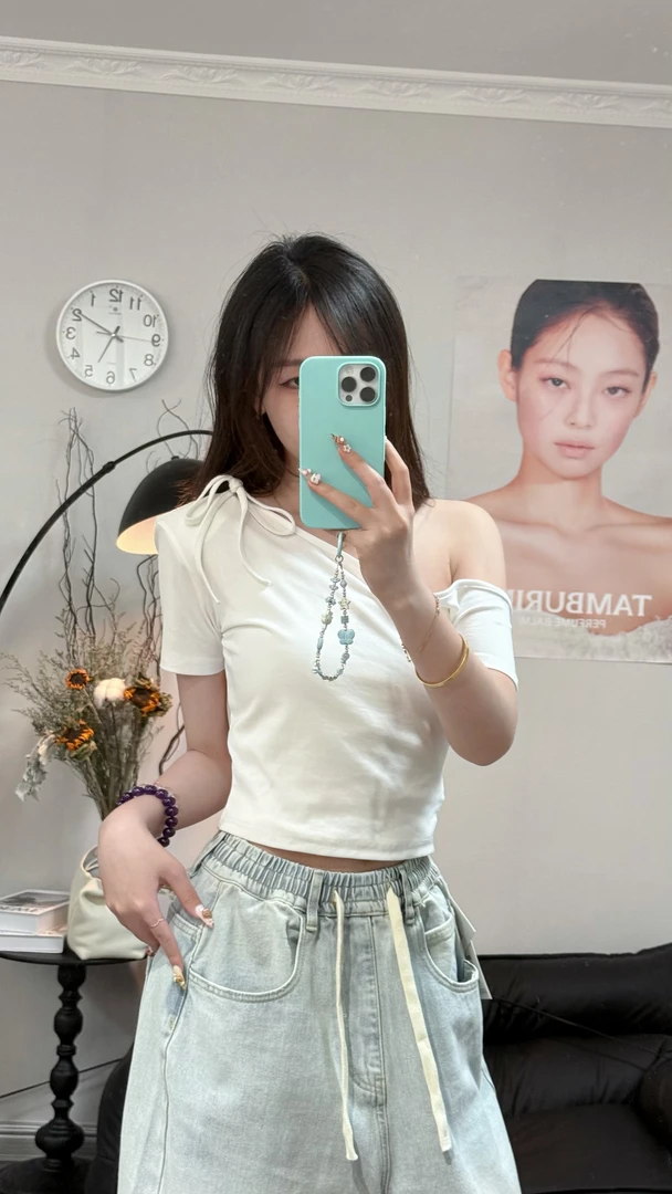 拼接杂志风夏季T恤修身绑带ins不规则短袖短款