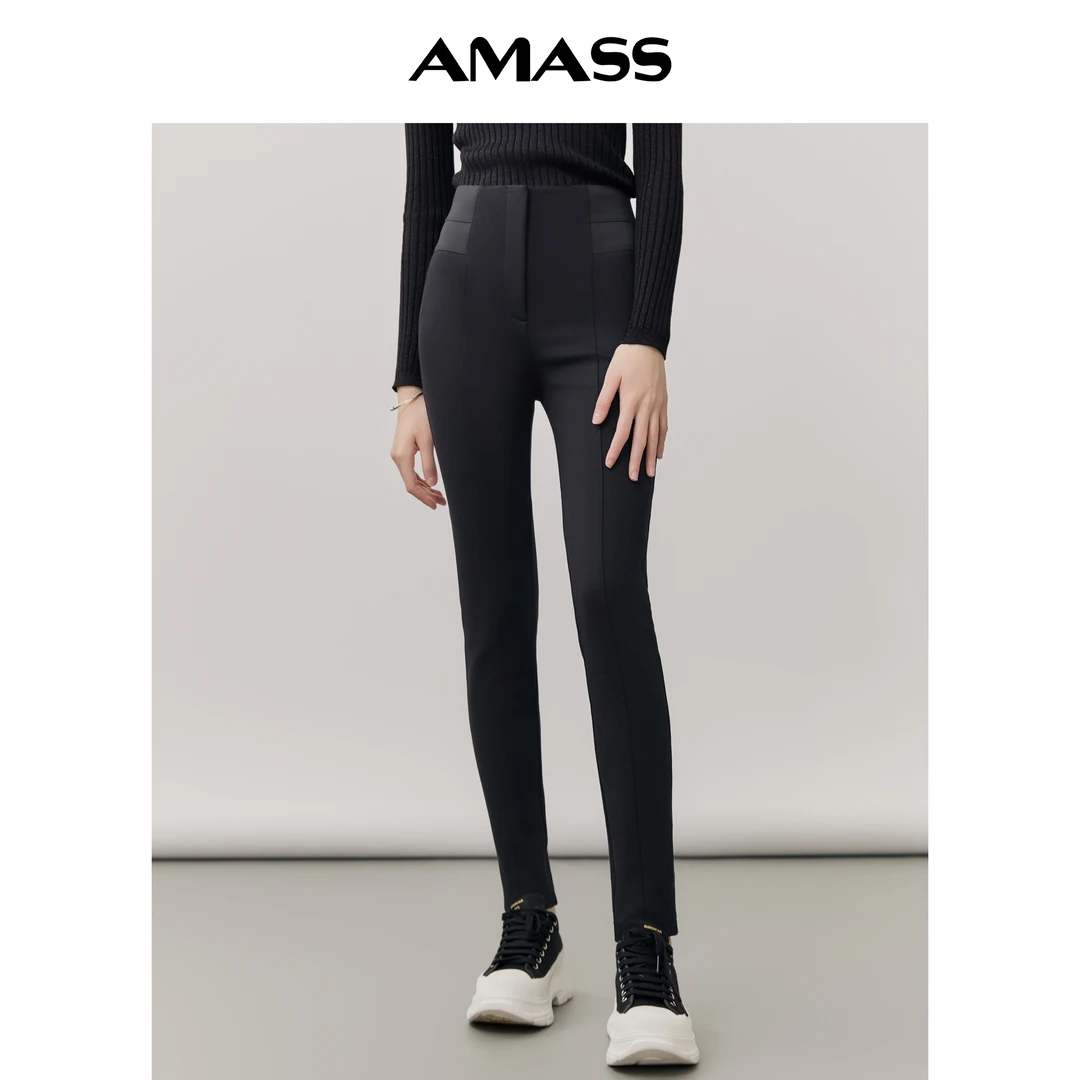 AMASS/阿玛施秋冬款休闲通勤高腰修身显瘦高弹黑色铅笔裤5100295