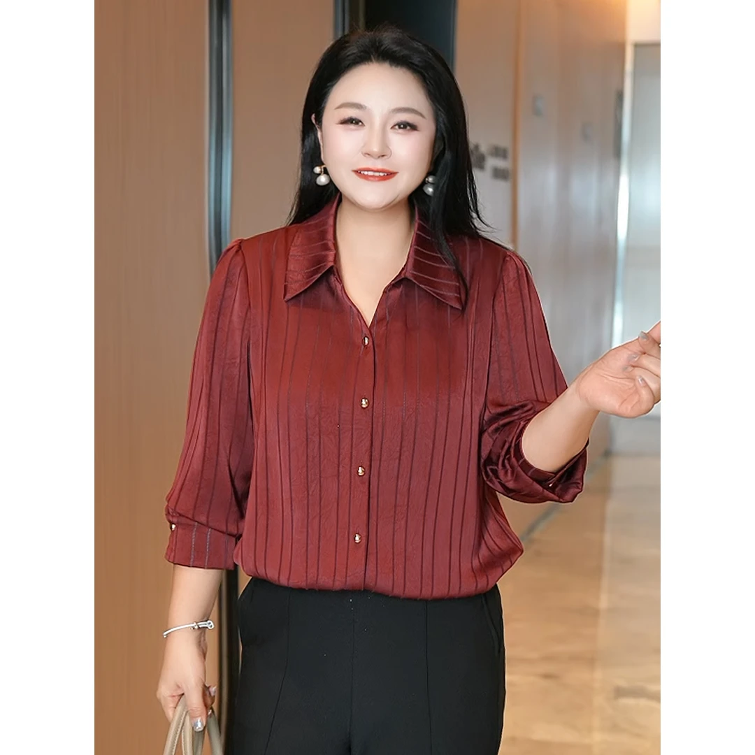 MsShe大码女装2025秋装气质通勤皱感提花显瘦长袖衬衫J~B2508036