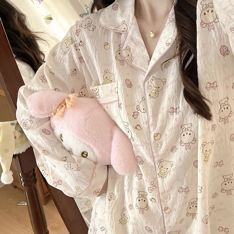 草莓轻松熊卡通睡衣少女感春秋季长袖ins风日系可爱夏天家居服