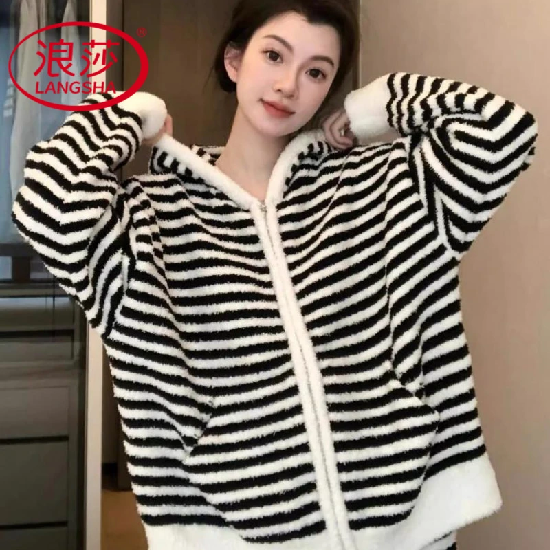 【浪莎】黑白条纹连帽半边绒针织睡衣女冬季新款可外穿家居服套装