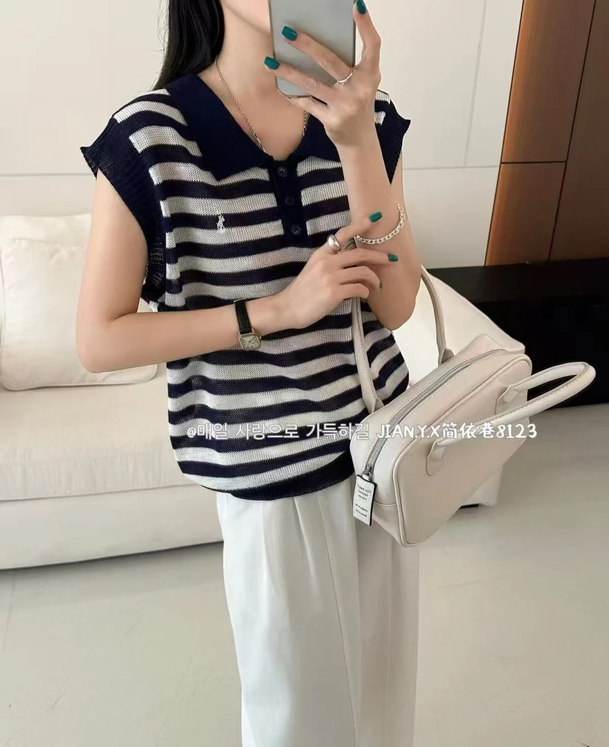 夏季刺绣无袖翻领女条纹毛针织衫毛衣显瘦韩版小香风