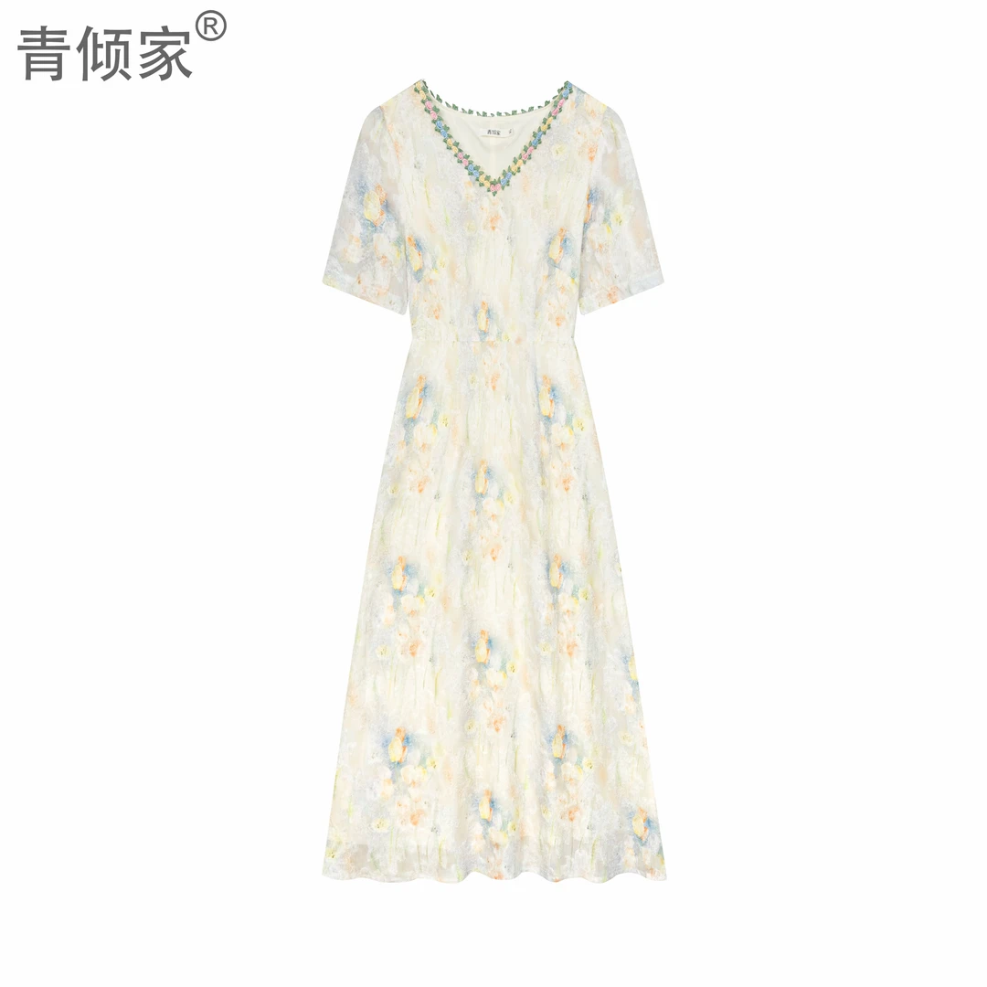 青倾家【莫奈花园】法式少女长裙2025夏新品郁金香花色连衣裙